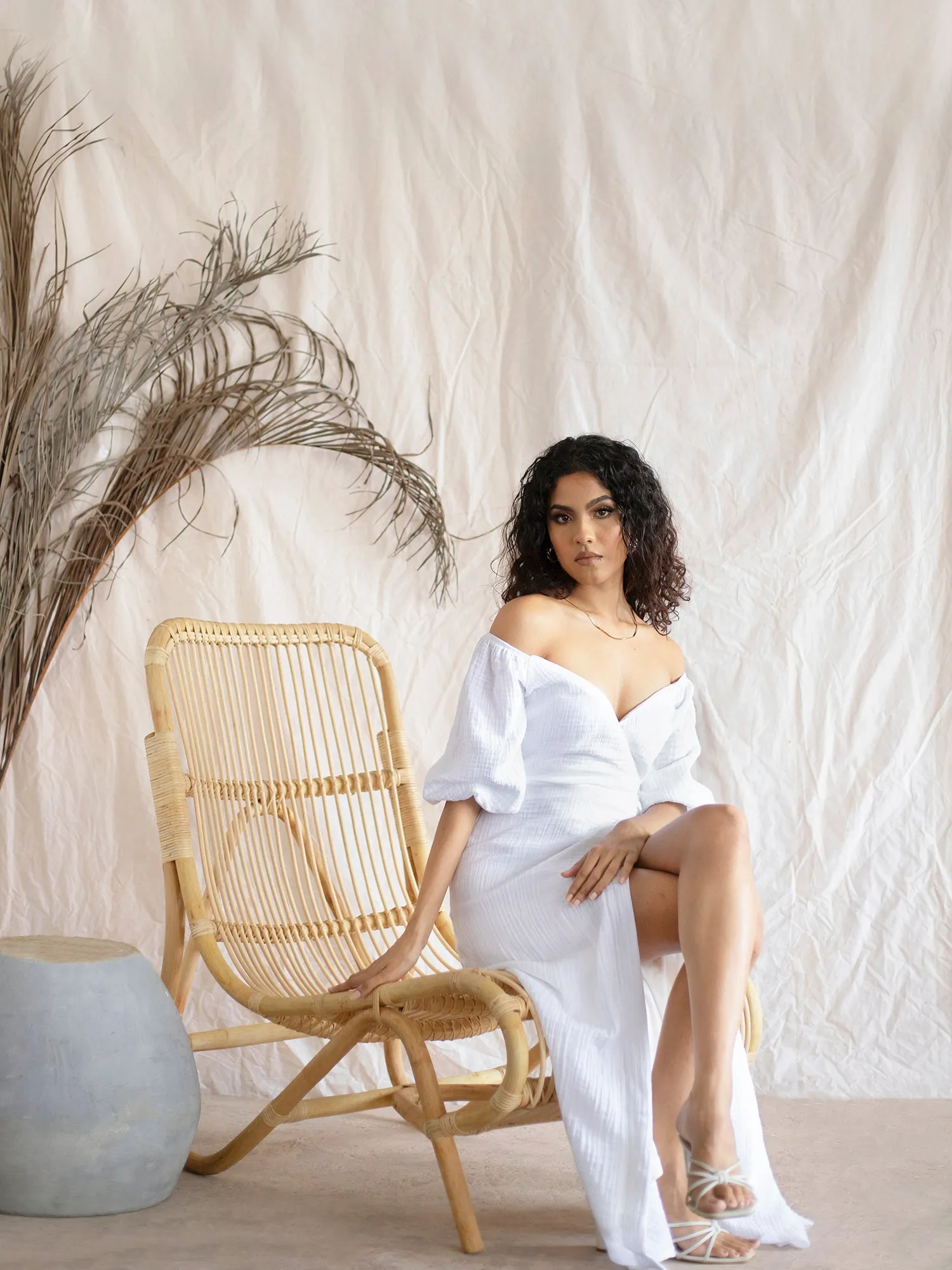 Puff Sleeve Wrap Midi Dress