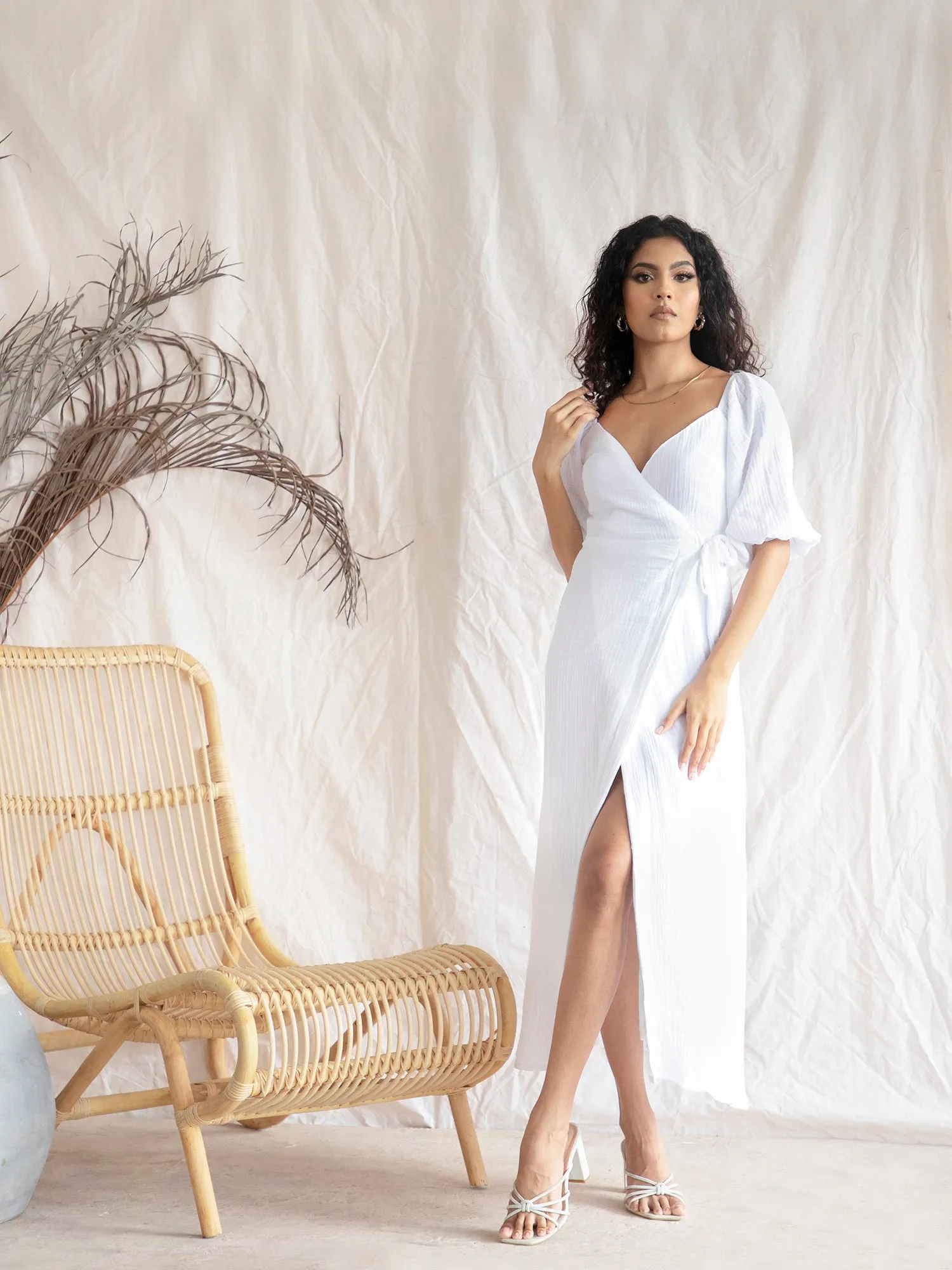 Puff Sleeve Wrap Midi Dress
