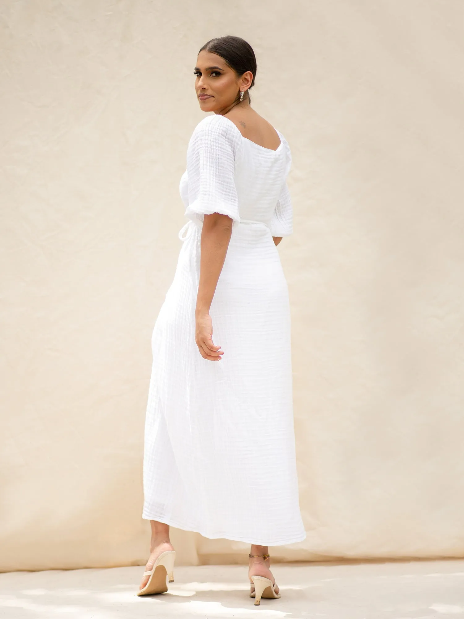 Puff Sleeve Wrap Midi Dress