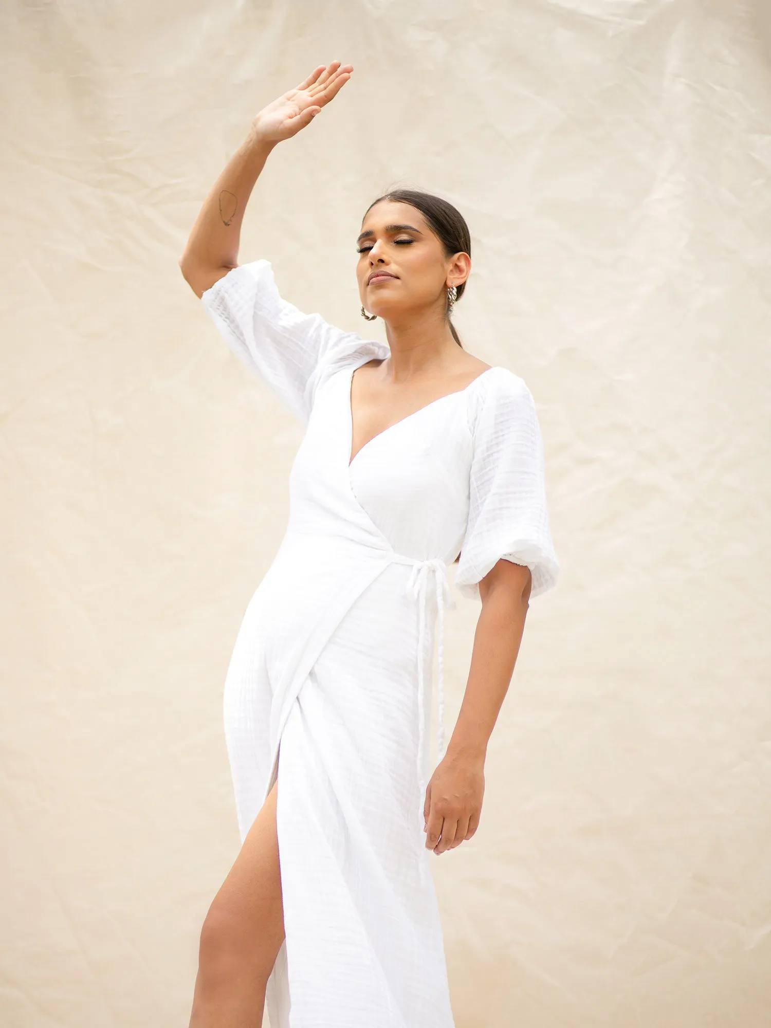 Puff Sleeve Wrap Midi Dress