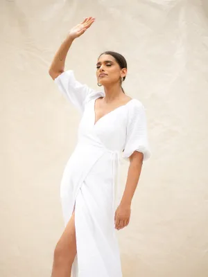 Puff Sleeve Wrap Midi Dress