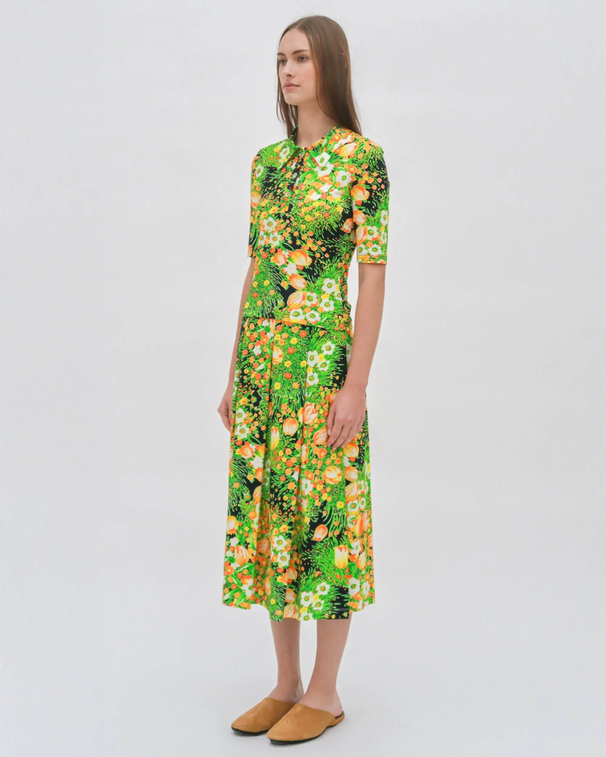 PULL ON PLEATED MIDI SKIRT - GARDEN FLORALS