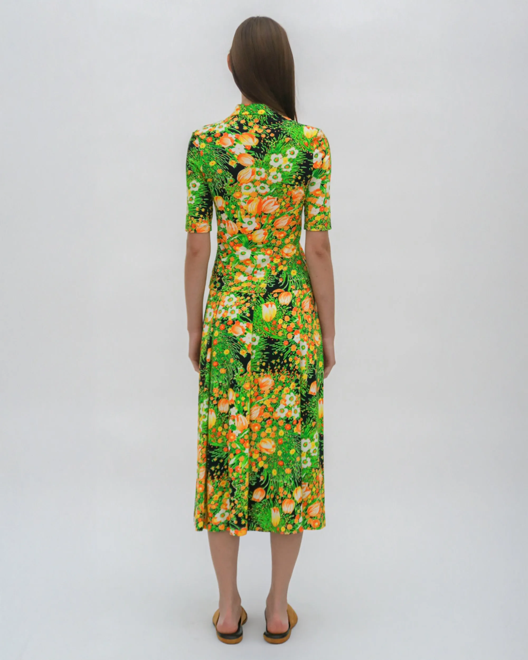 PULL ON PLEATED MIDI SKIRT - GARDEN FLORALS
