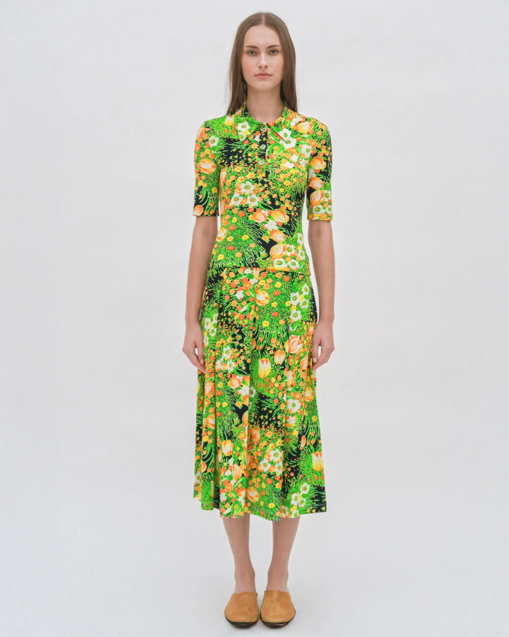 PULL ON PLEATED MIDI SKIRT - GARDEN FLORALS