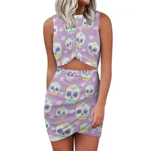 Purple Skull Print Navel-Baring Dress