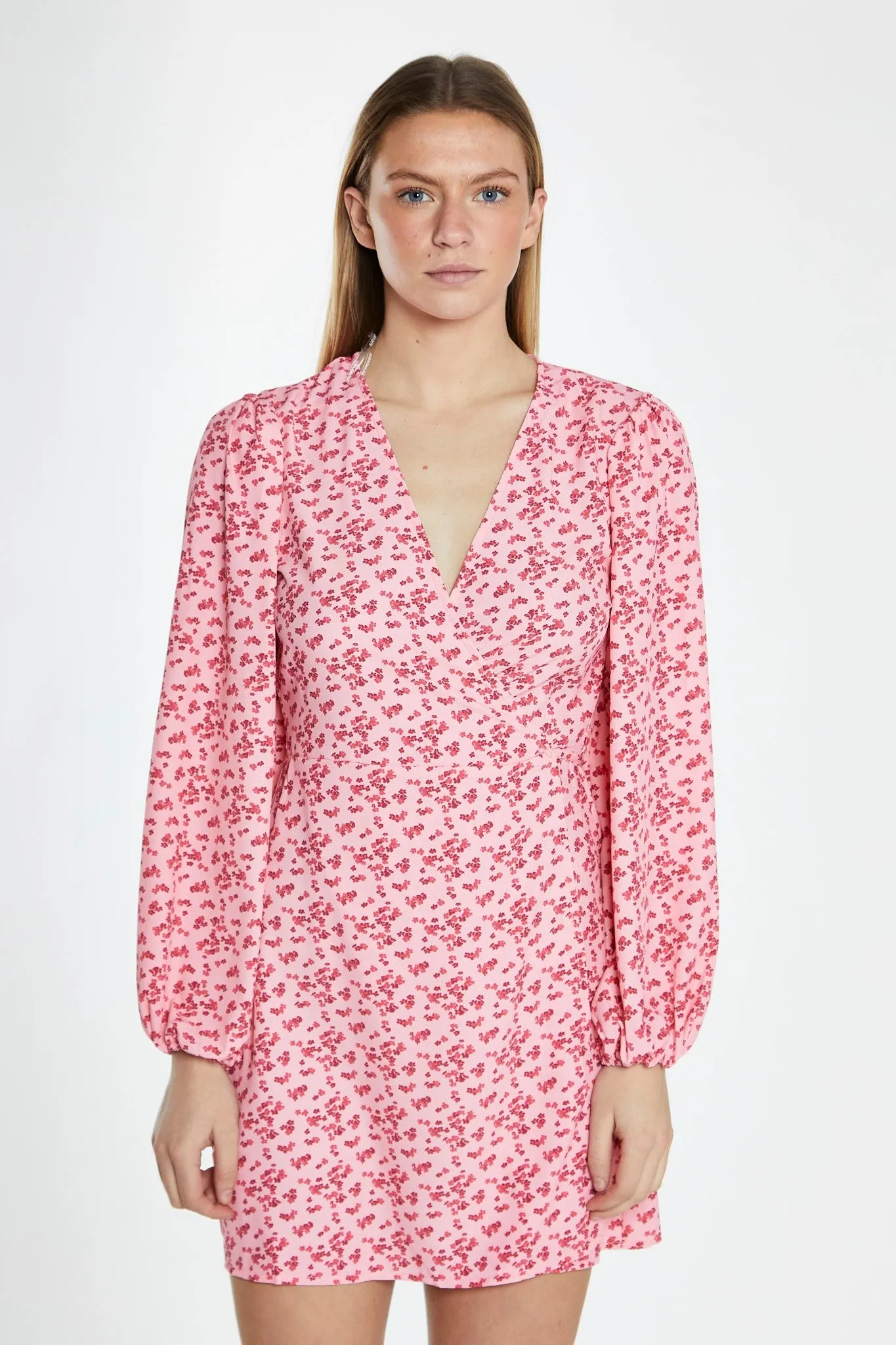 Raspberry Ditsy V-Neck Wrap Mini Dress