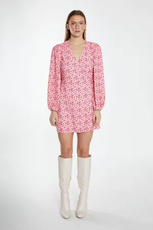 Raspberry Ditsy V-Neck Wrap Mini Dress