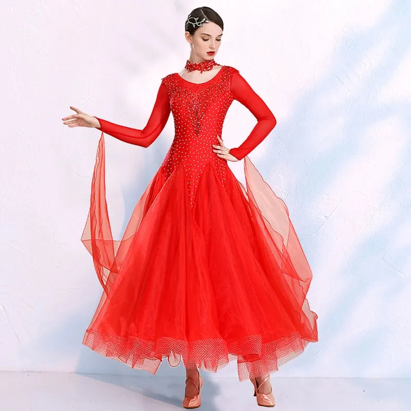 Red Pink Ballroom Dance Dresses for Women Girls Waltz Tango Foxtrot Smooth Modern Dance Swing Skirts