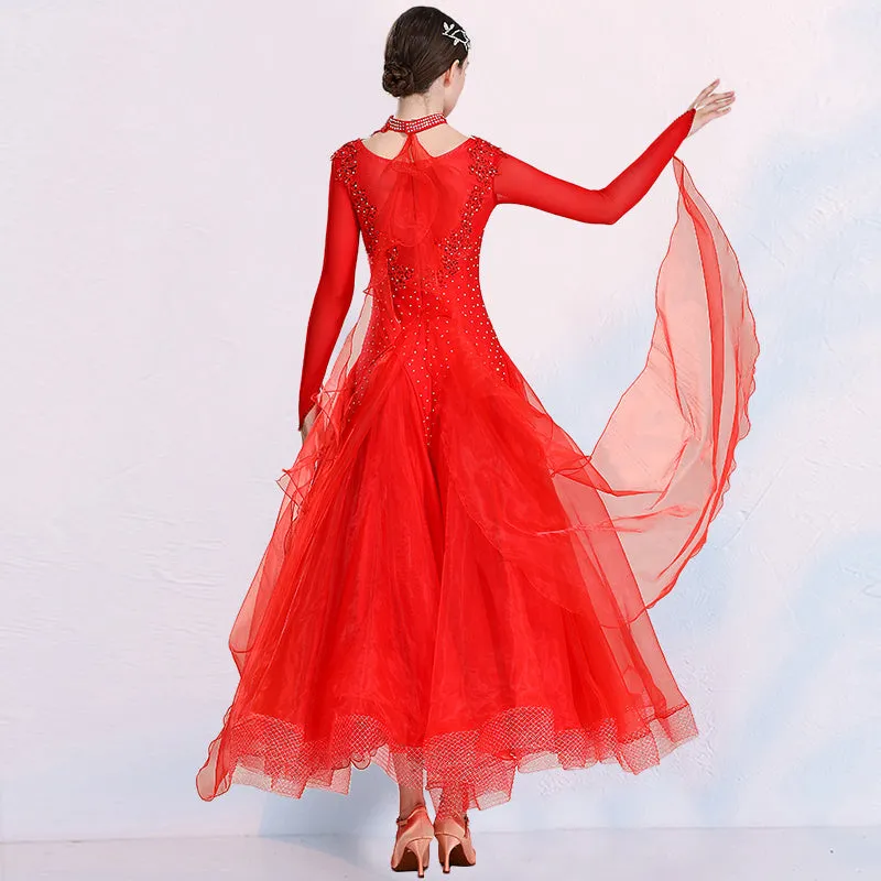 Red Pink Ballroom Dance Dresses for Women Girls Waltz Tango Foxtrot Smooth Modern Dance Swing Skirts