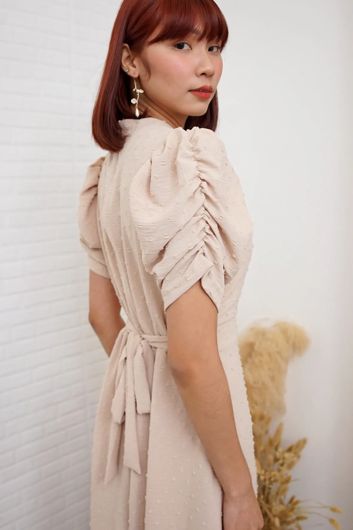 REIGN Puff-Sleeve Dobby Dot Midi Dress (Cream Beige)