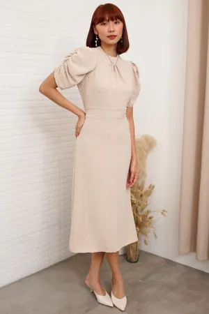 REIGN Puff-Sleeve Dobby Dot Midi Dress (Cream Beige)