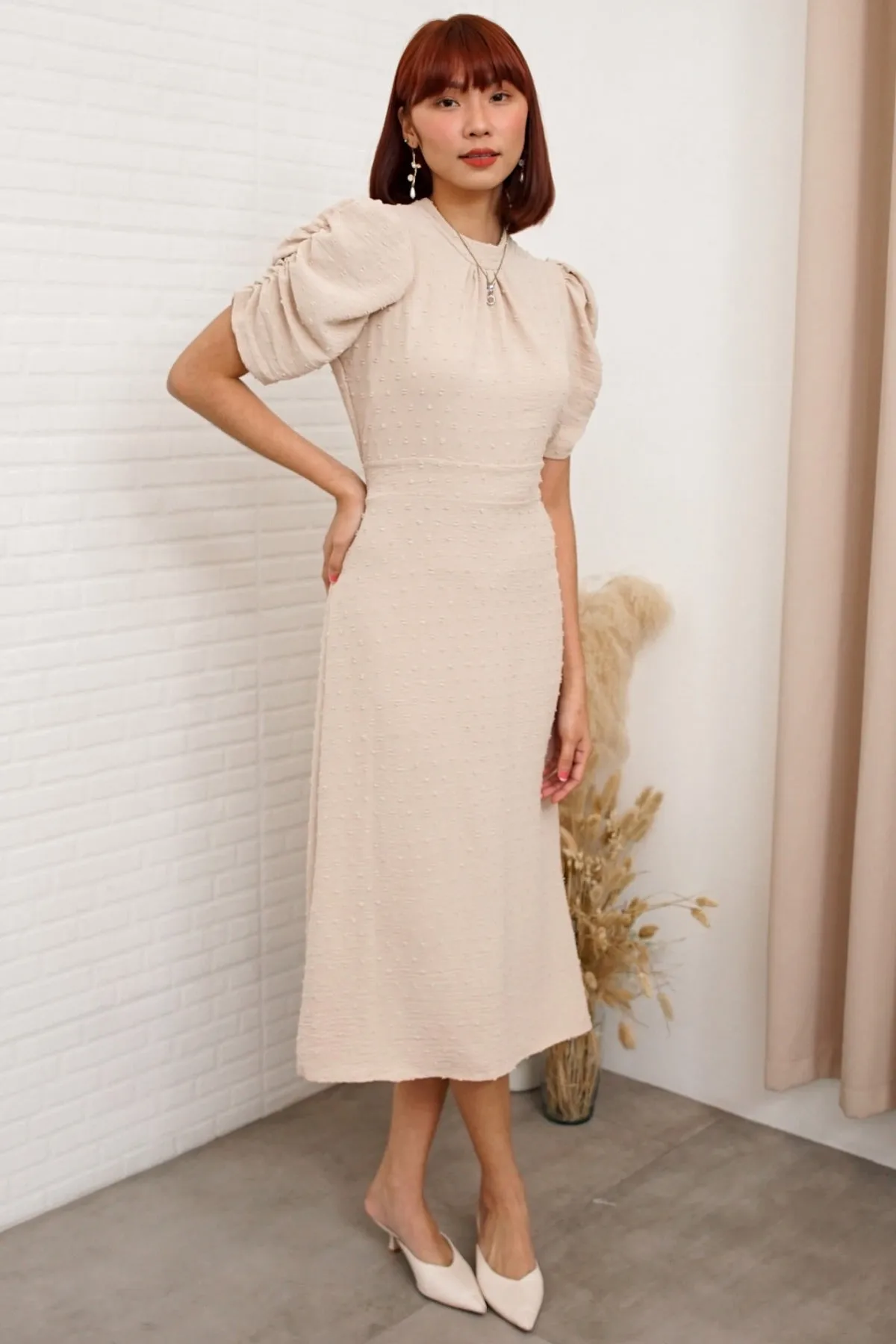 REIGN Puff-Sleeve Dobby Dot Midi Dress (Cream Beige)