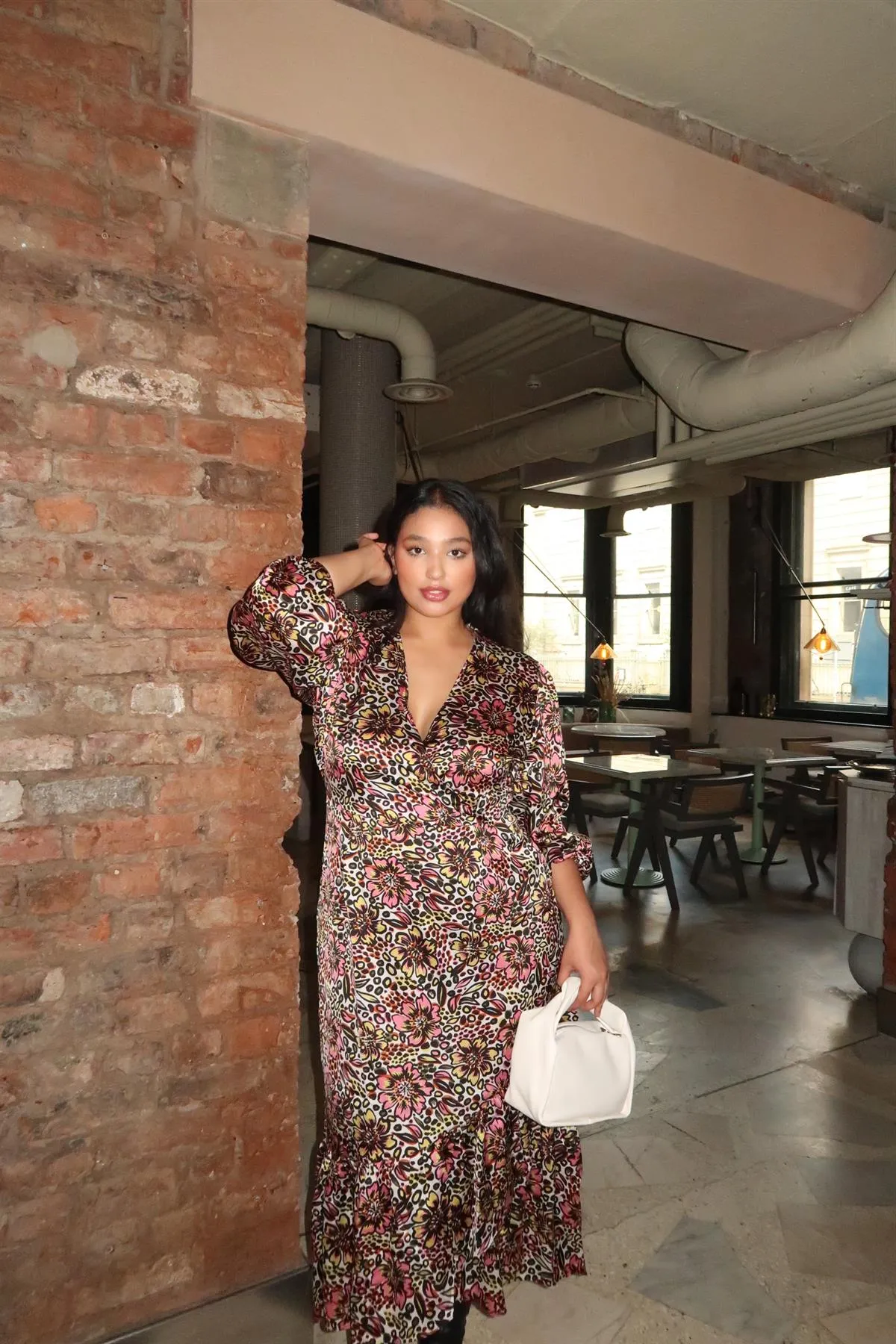 Retro Abstract-Floral Fixed Wrap Midaxi-Dress
