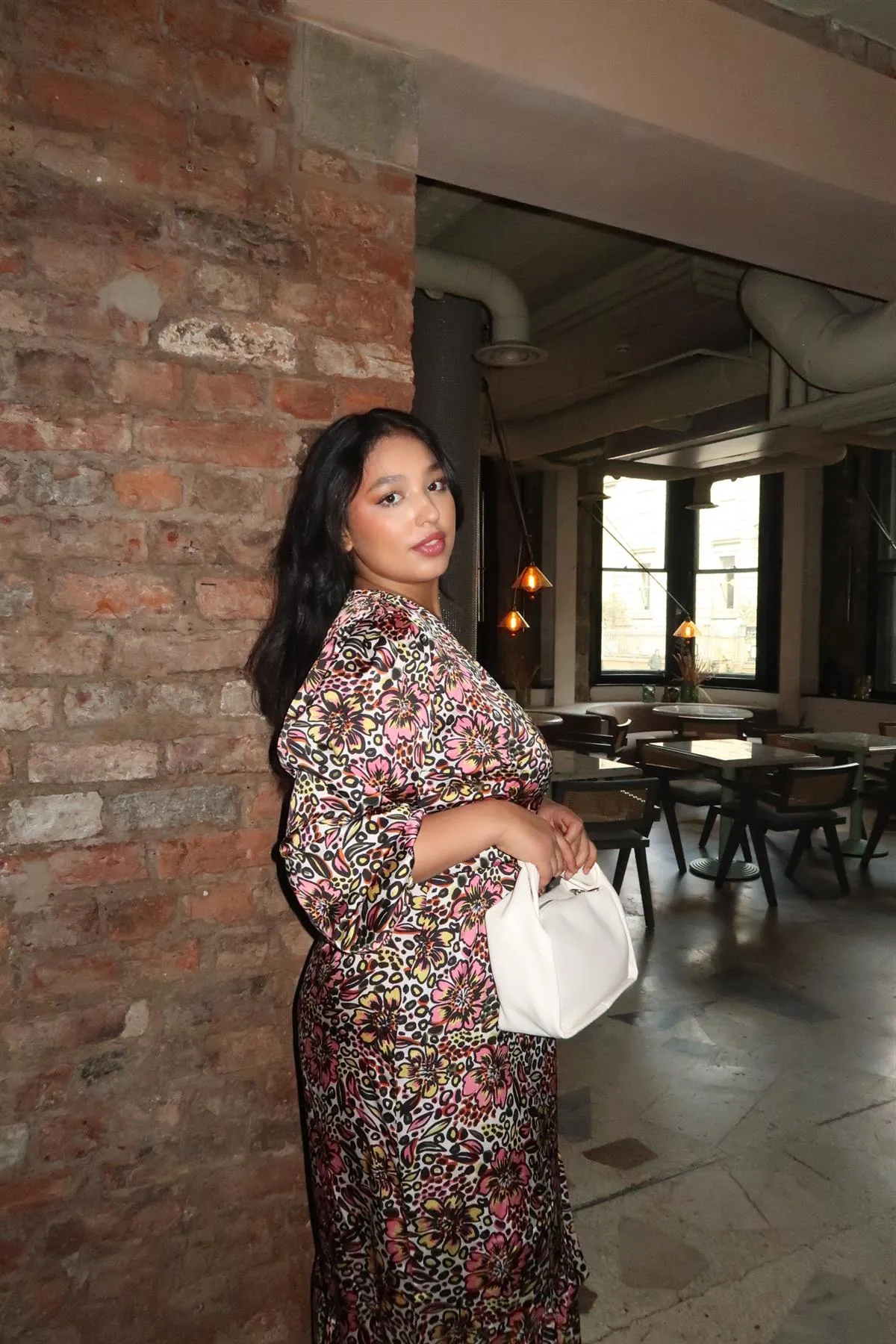 Retro Abstract-Floral Fixed Wrap Midaxi-Dress