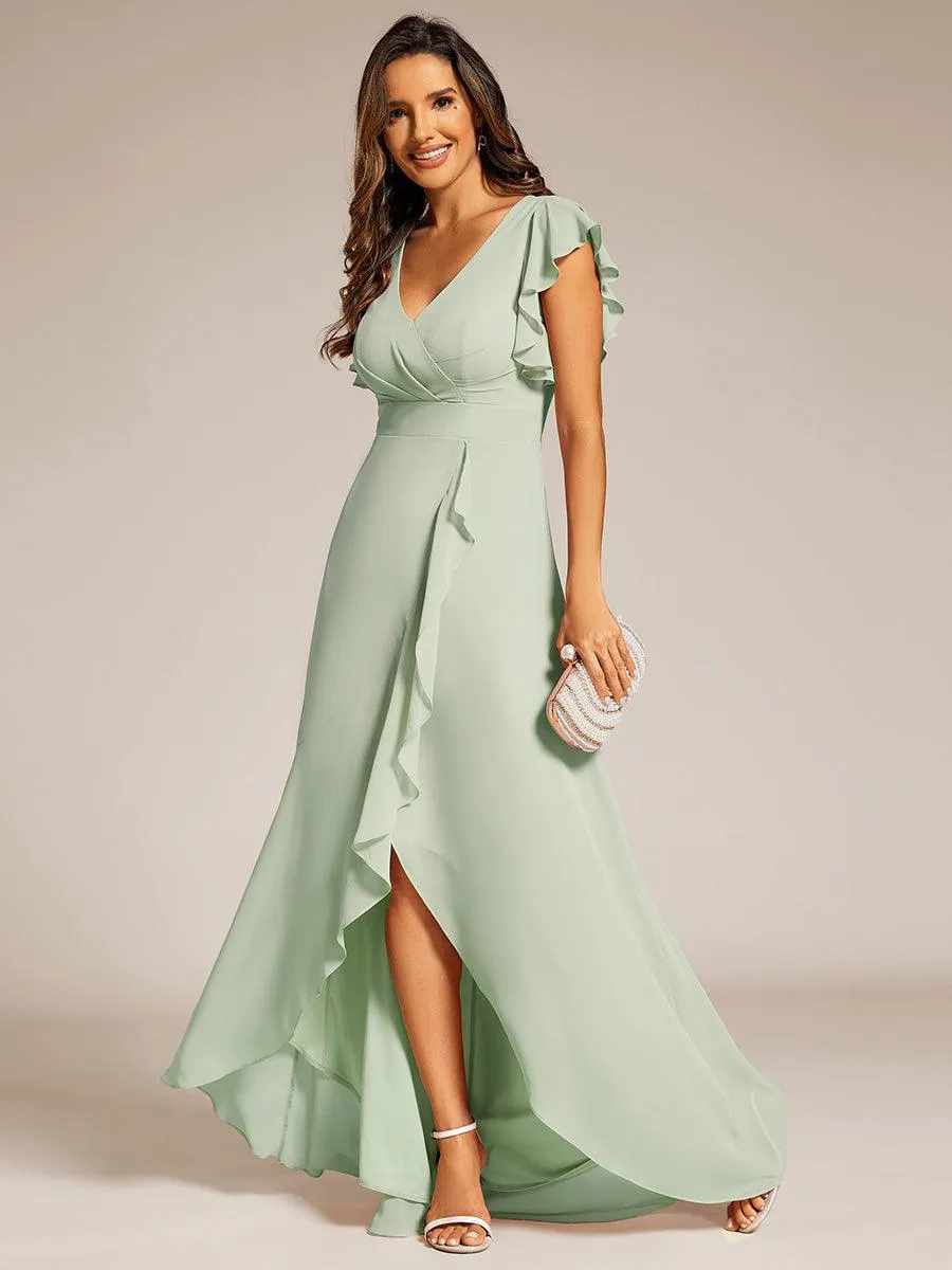 Robe de demoiselle d'honneur élégante en mousseline à volants avec dos nu