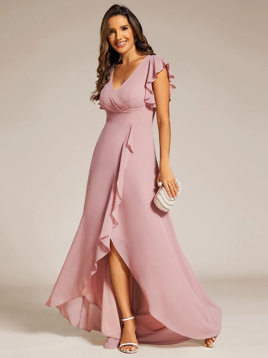 Robe de demoiselle d'honneur élégante en mousseline à volants avec dos nu
