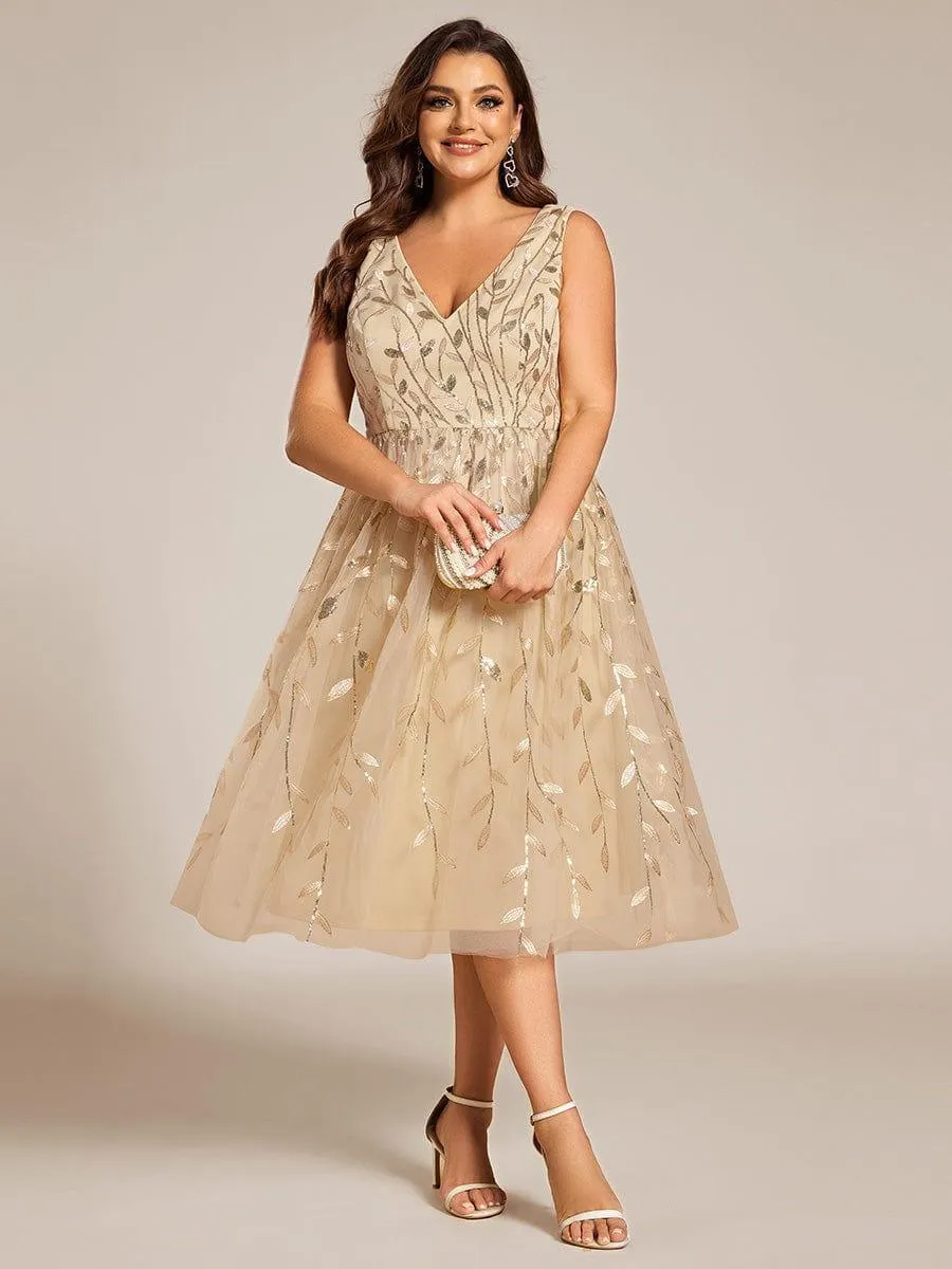 Robe d'invitée de mariage mi-longue à paillettes et feuilles grande taille