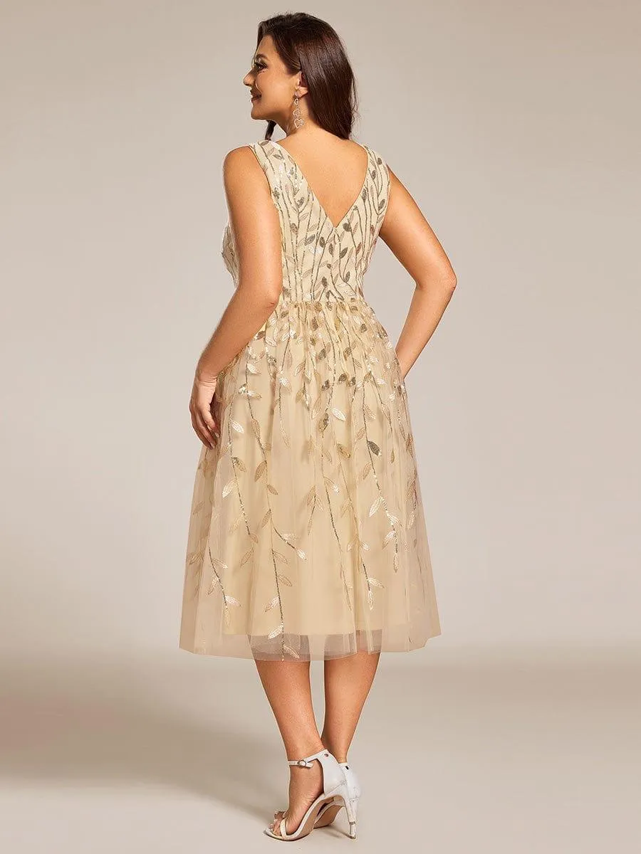 Robe d'invitée de mariage mi-longue à paillettes et feuilles grande taille