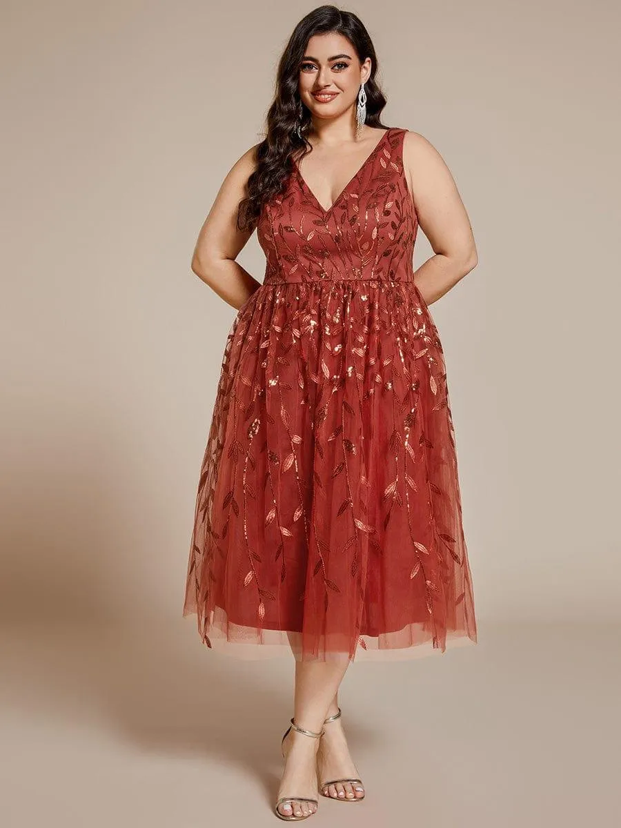 Robe d'invitée de mariage mi-longue à paillettes et feuilles grande taille