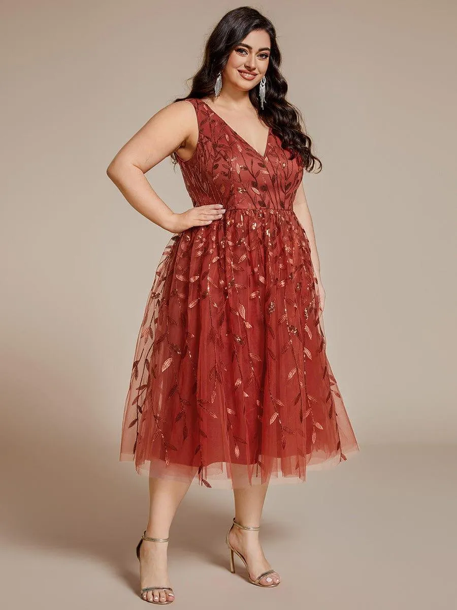 Robe d'invitée de mariage mi-longue à paillettes et feuilles grande taille