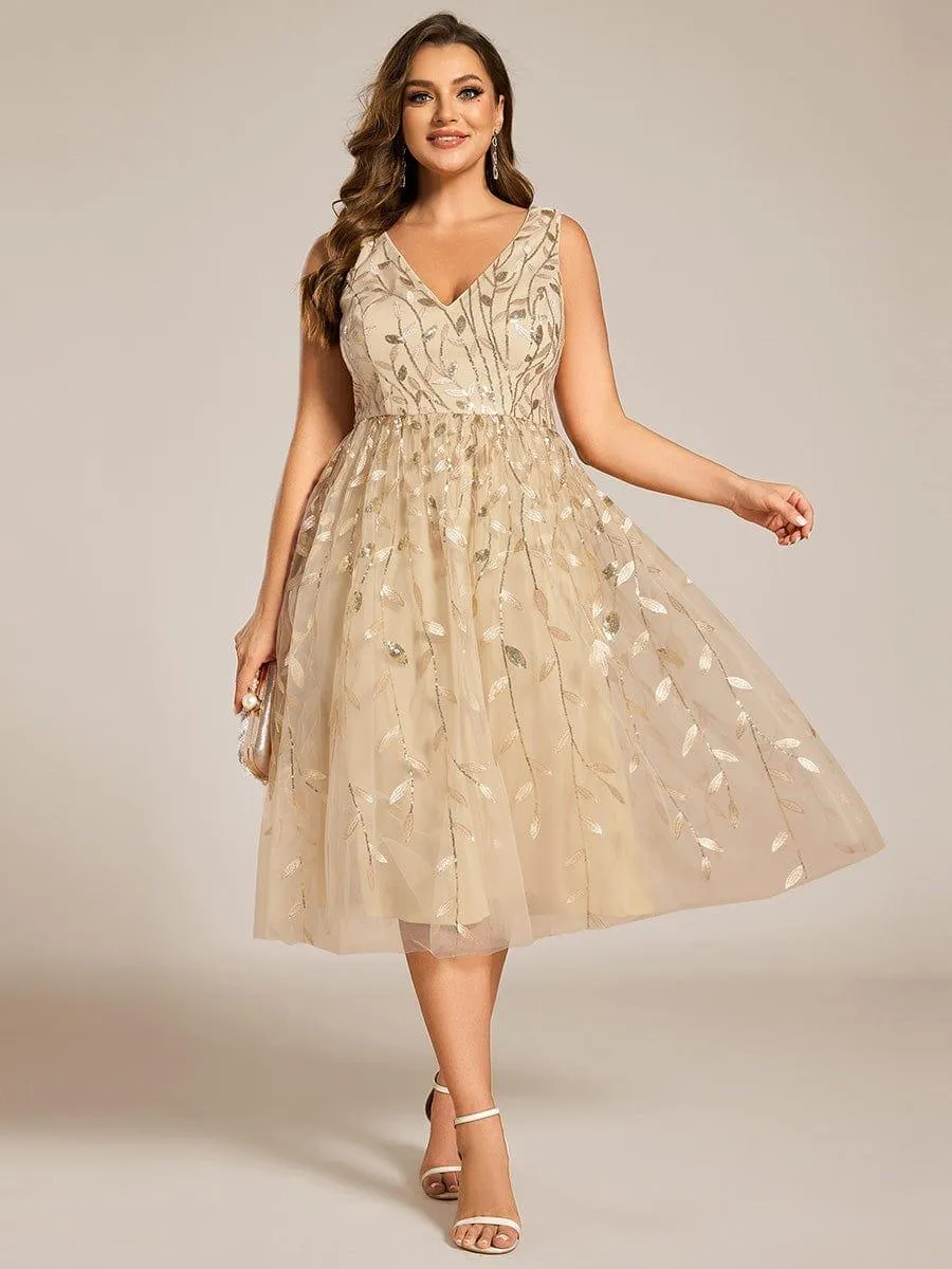 Robe d'invitée de mariage mi-longue à paillettes et feuilles grande taille