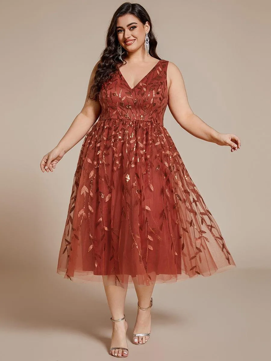 Robe d'invitée de mariage mi-longue à paillettes et feuilles grande taille