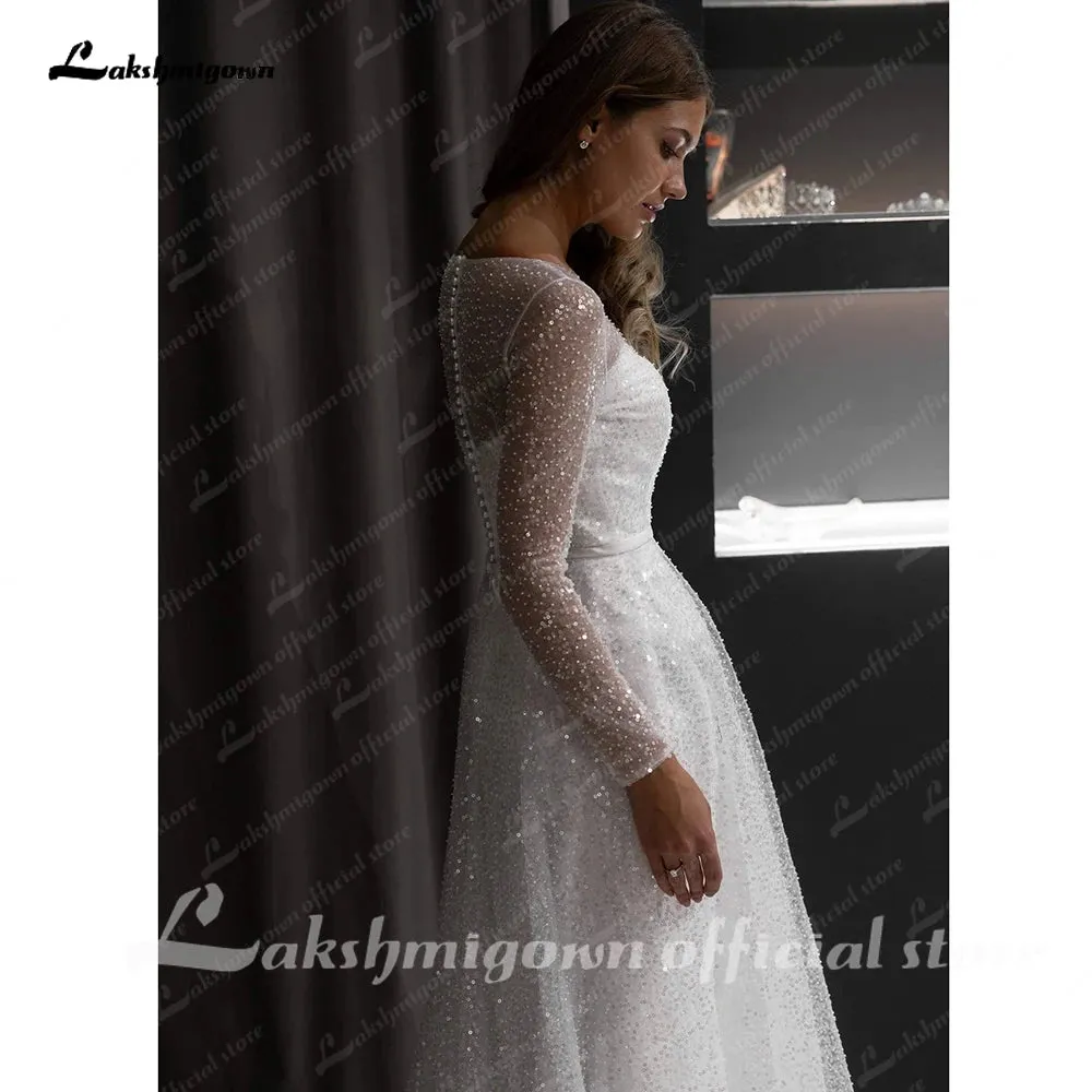 Roycebridal Boho A-line Beach Wedding Dress See Through Sleeves Sweep Train Bridal Dress Custom Made Bridal Gowns