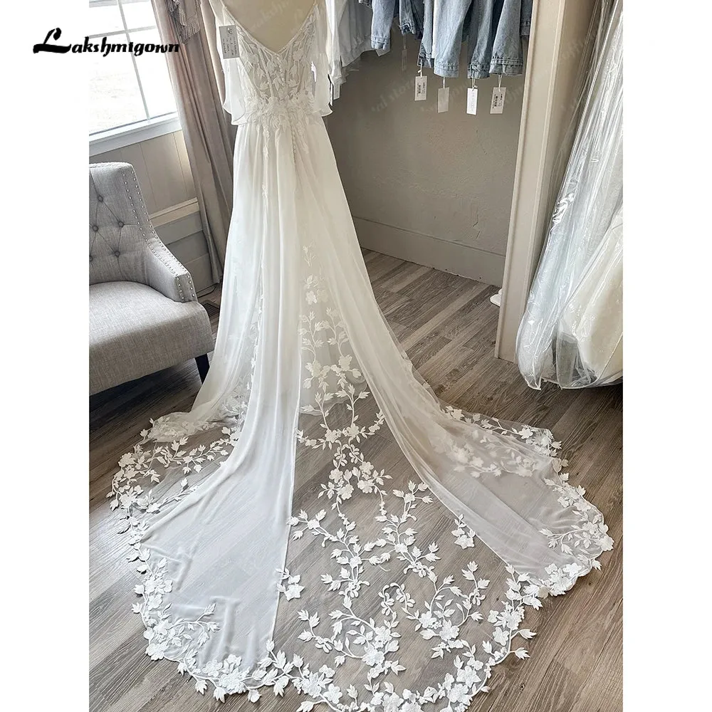 Roycebridal Spaghetti Straps Plunging V Neck Lace Chiffon Country Wedding Dress  Vestido Boda Civil Beach Bridal Gown