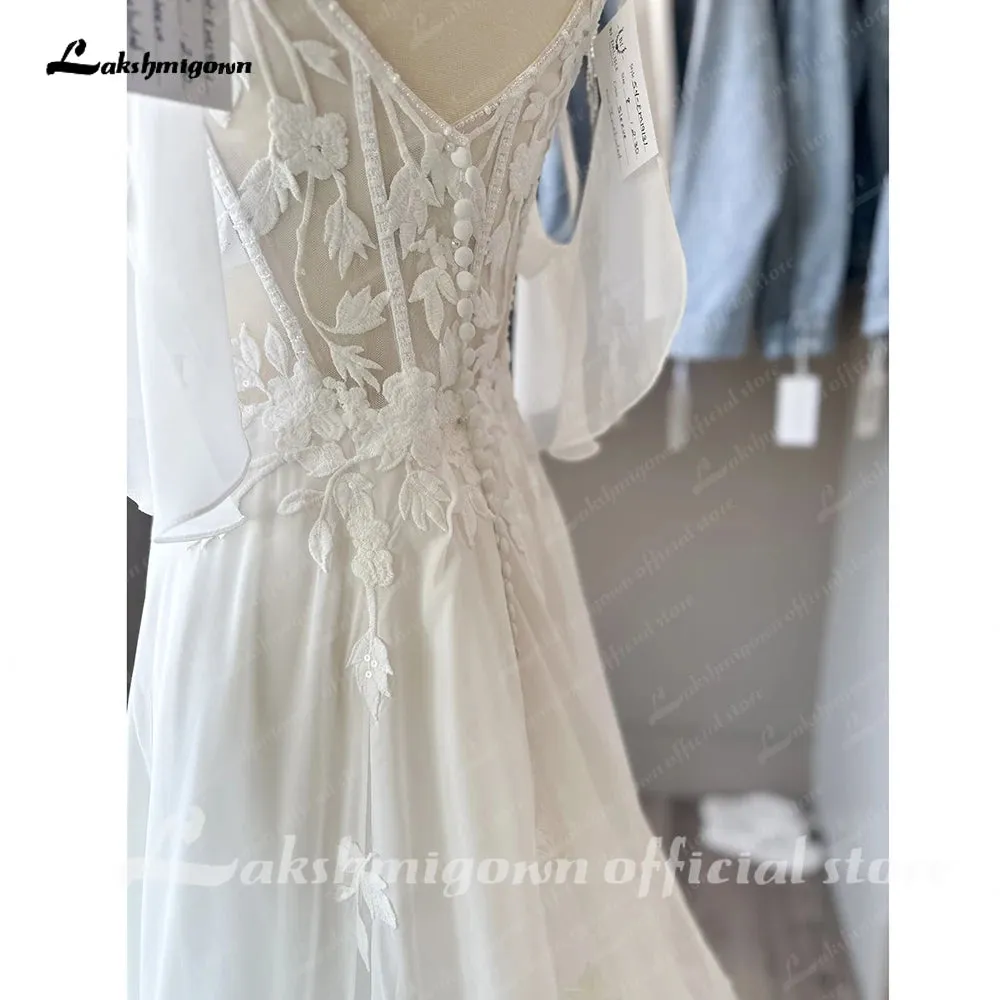 Roycebridal Spaghetti Straps Plunging V Neck Lace Chiffon Country Wedding Dress  Vestido Boda Civil Beach Bridal Gown