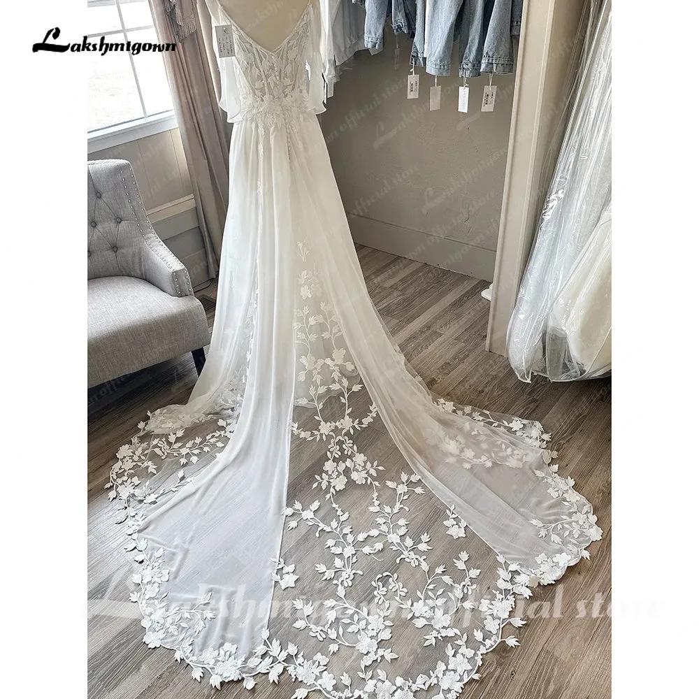 Roycebridal Spaghetti Straps Plunging V Neck Lace Chiffon Country Wedding Dress  Vestido Boda Civil Beach Bridal Gown