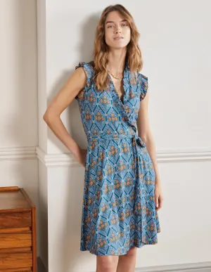 Ruffle Fixed Wrap Jersey Dress-Mosaic Blue, Poppy Bloom