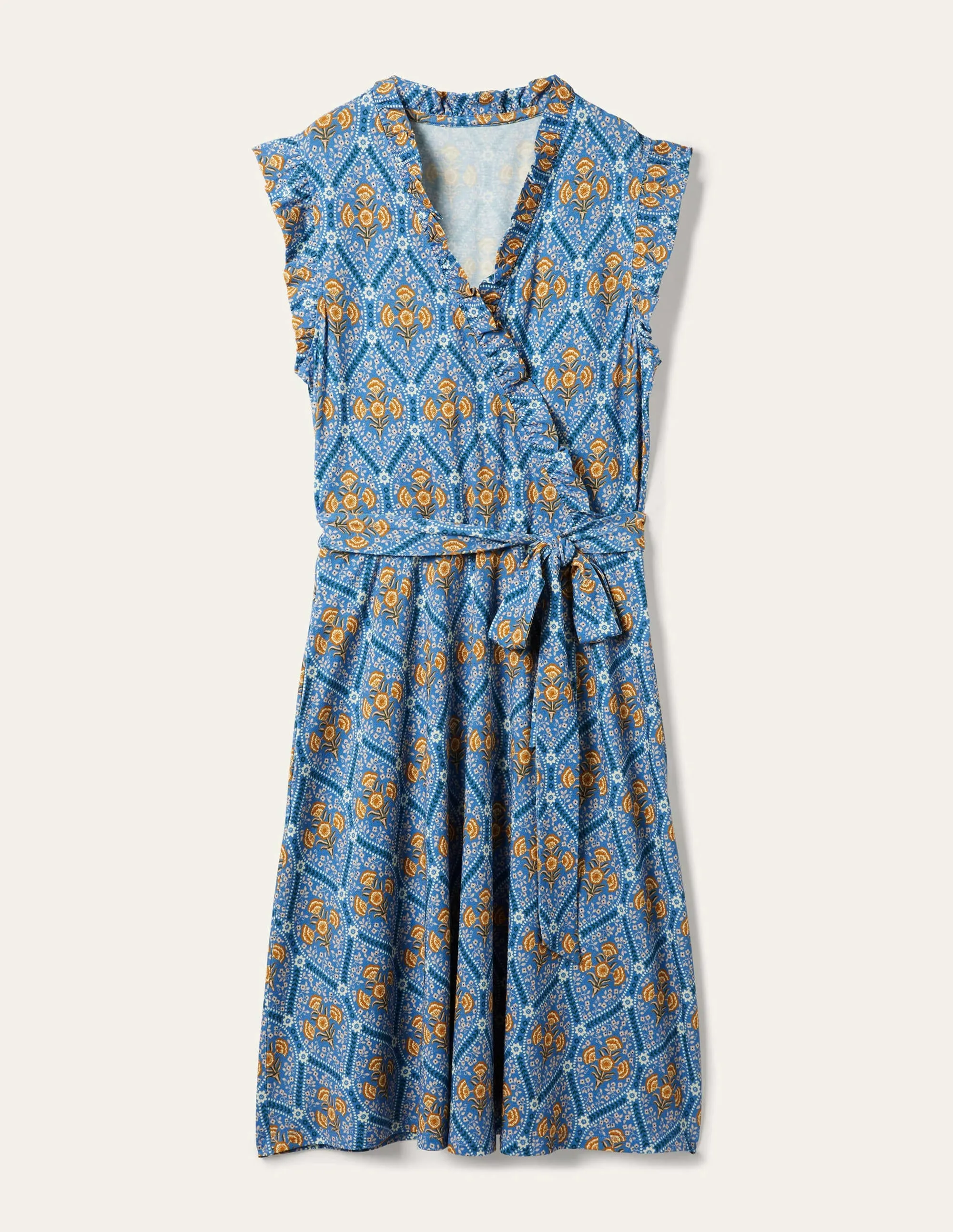 Ruffle Fixed Wrap Jersey Dress-Mosaic Blue, Poppy Bloom