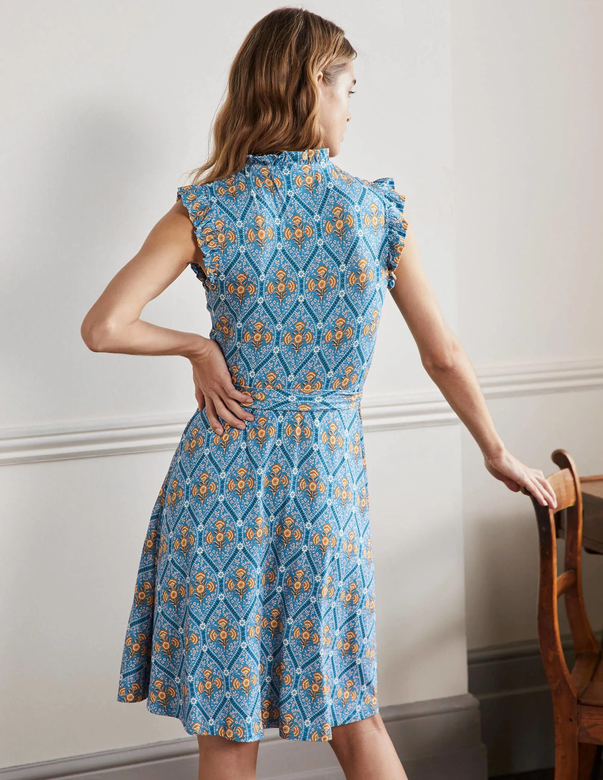 Ruffle Fixed Wrap Jersey Dress-Mosaic Blue, Poppy Bloom