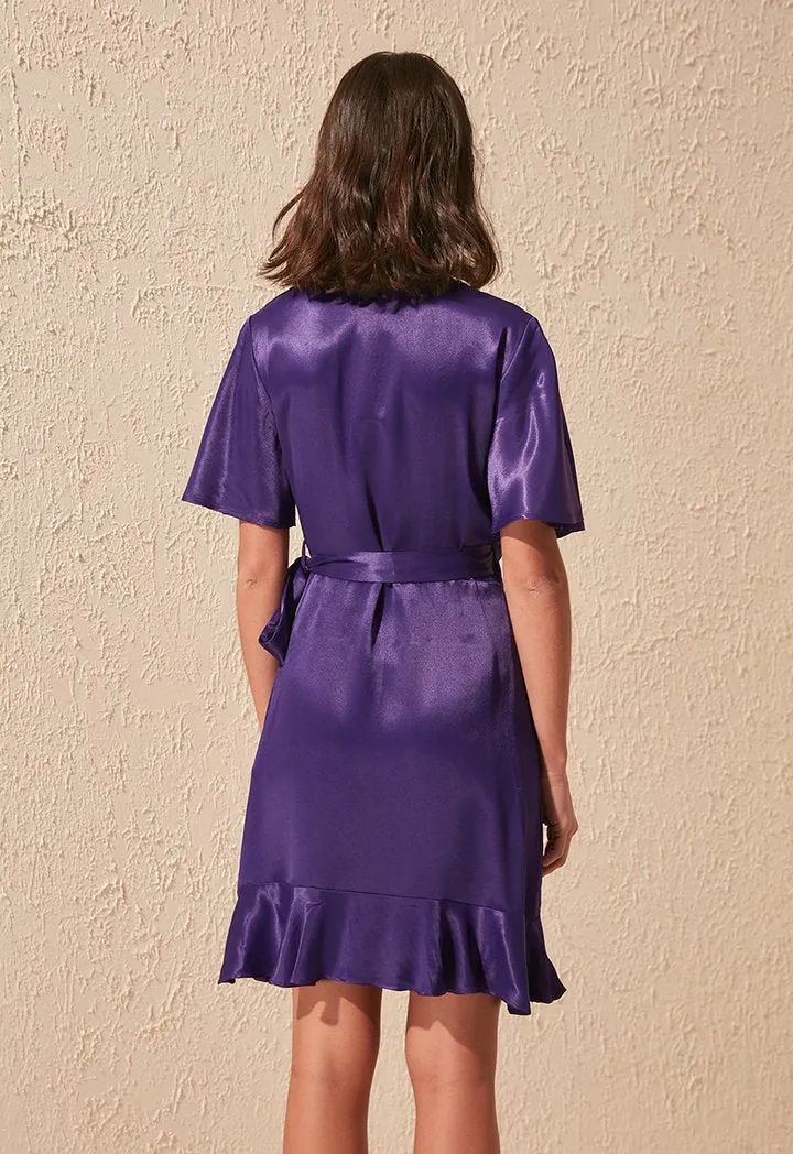 Ruffle Hem Satin Wrap Dress