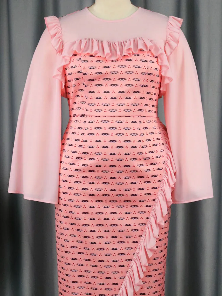 Ruffle Printed Bell Sleeve Wrap Dress