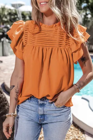Ruffled Flutter Sleeve Pleated Blouse
