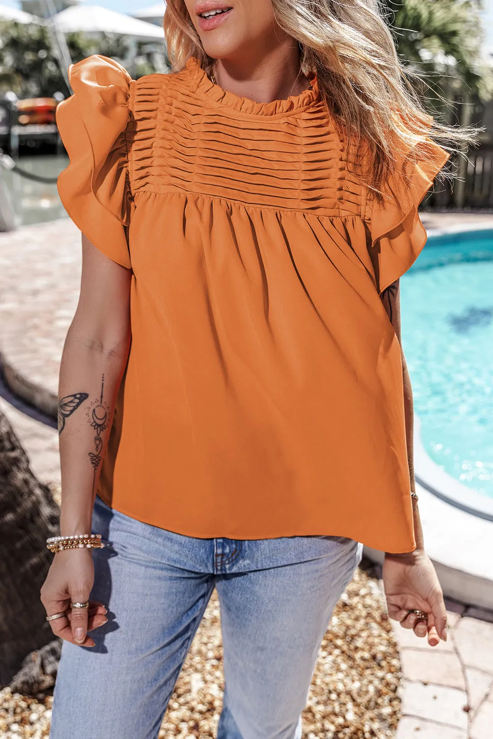 Ruffled Flutter Sleeve Pleated Blouse