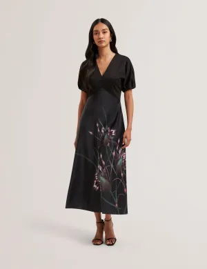 Sado Printed Ponte Bodice Satin Skirt Midi Black