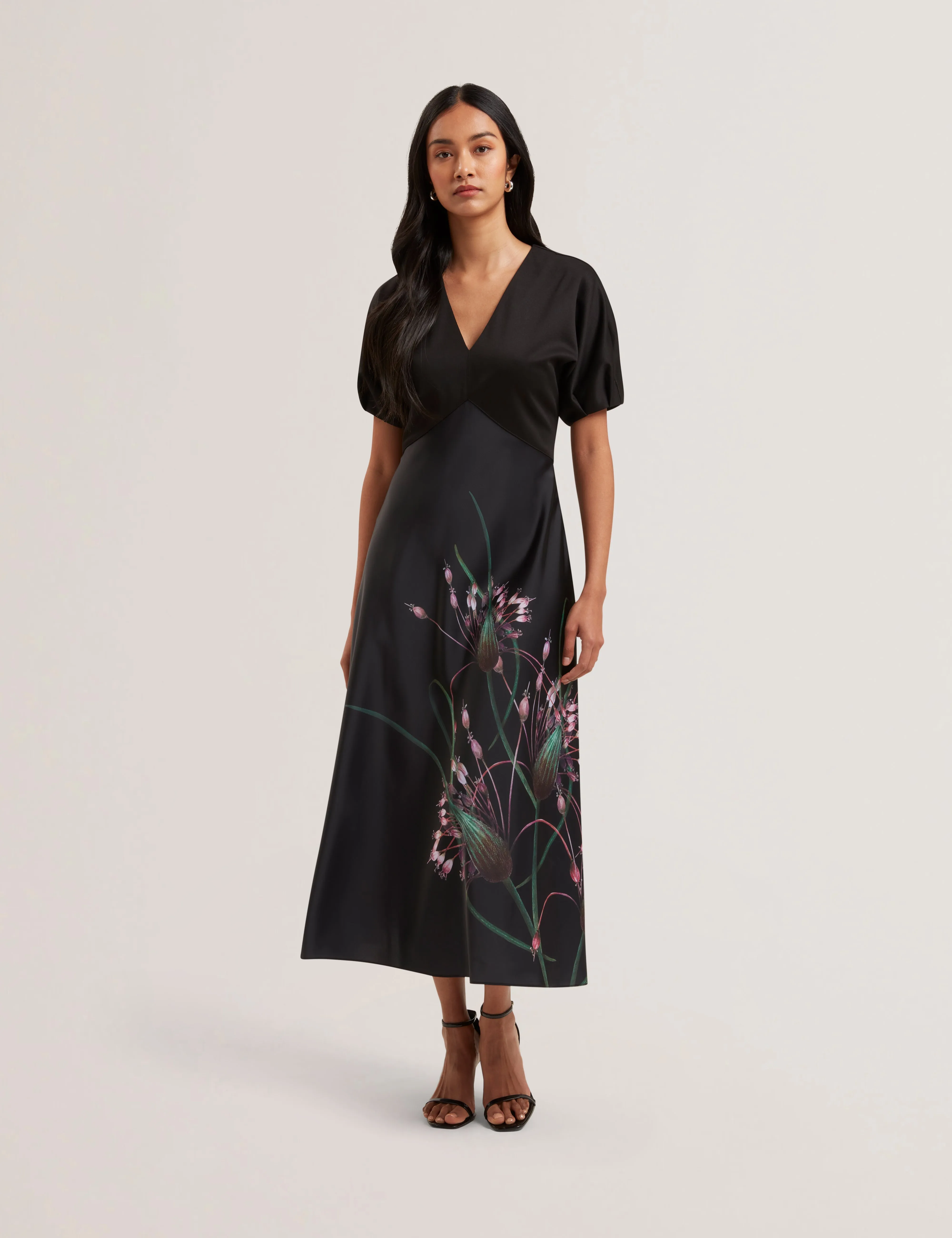 Sado Printed Ponte Bodice Satin Skirt Midi Black