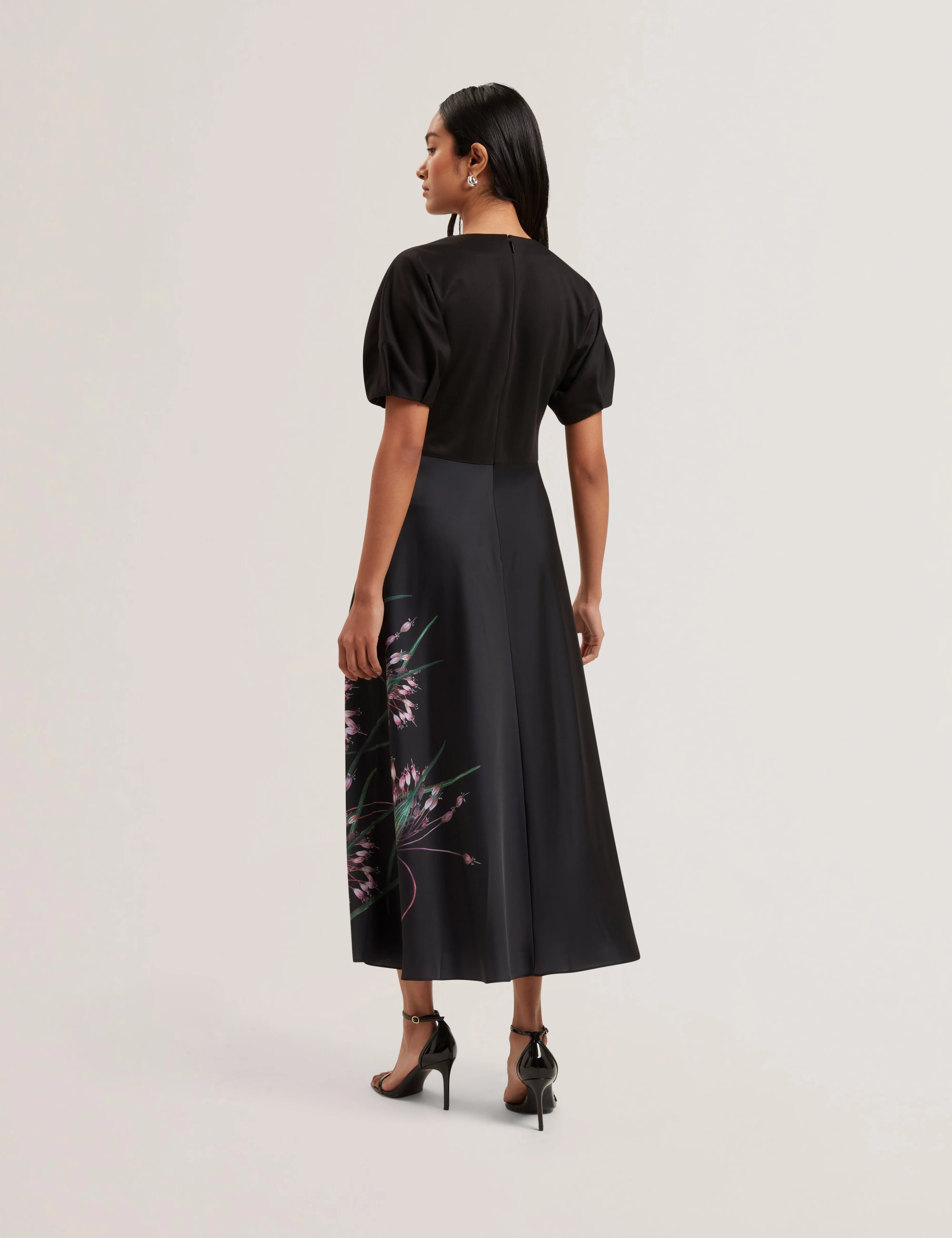 Sado Printed Ponte Bodice Satin Skirt Midi Black