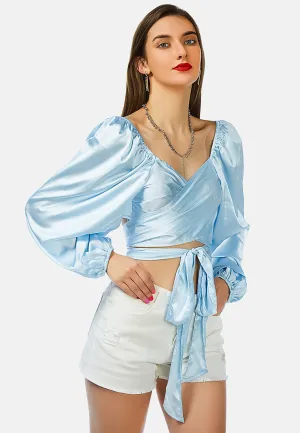 Satin Puffed Sleeves Wrap Crop Top