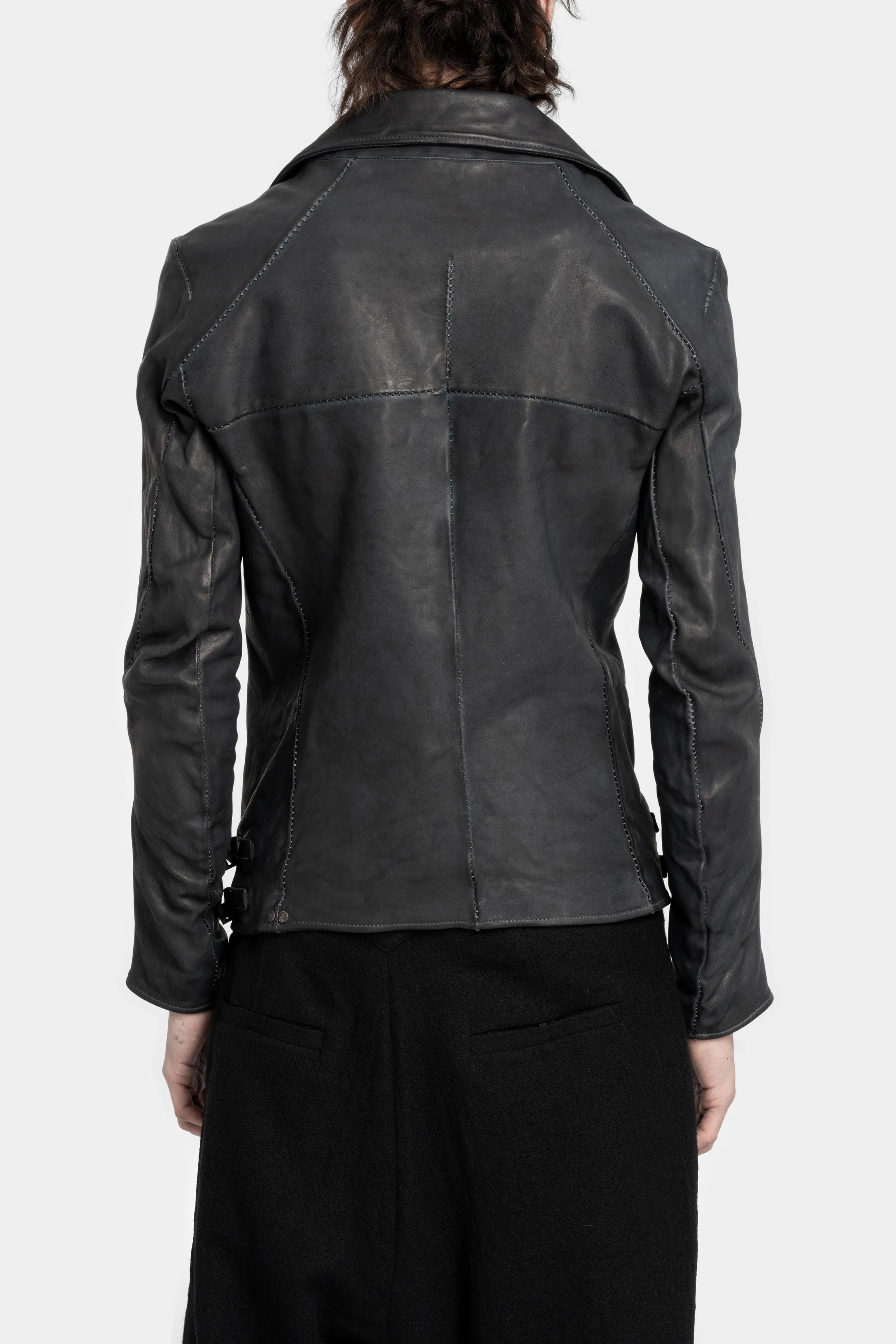 Scar stitch leather biker jacket, Overdyed Black
