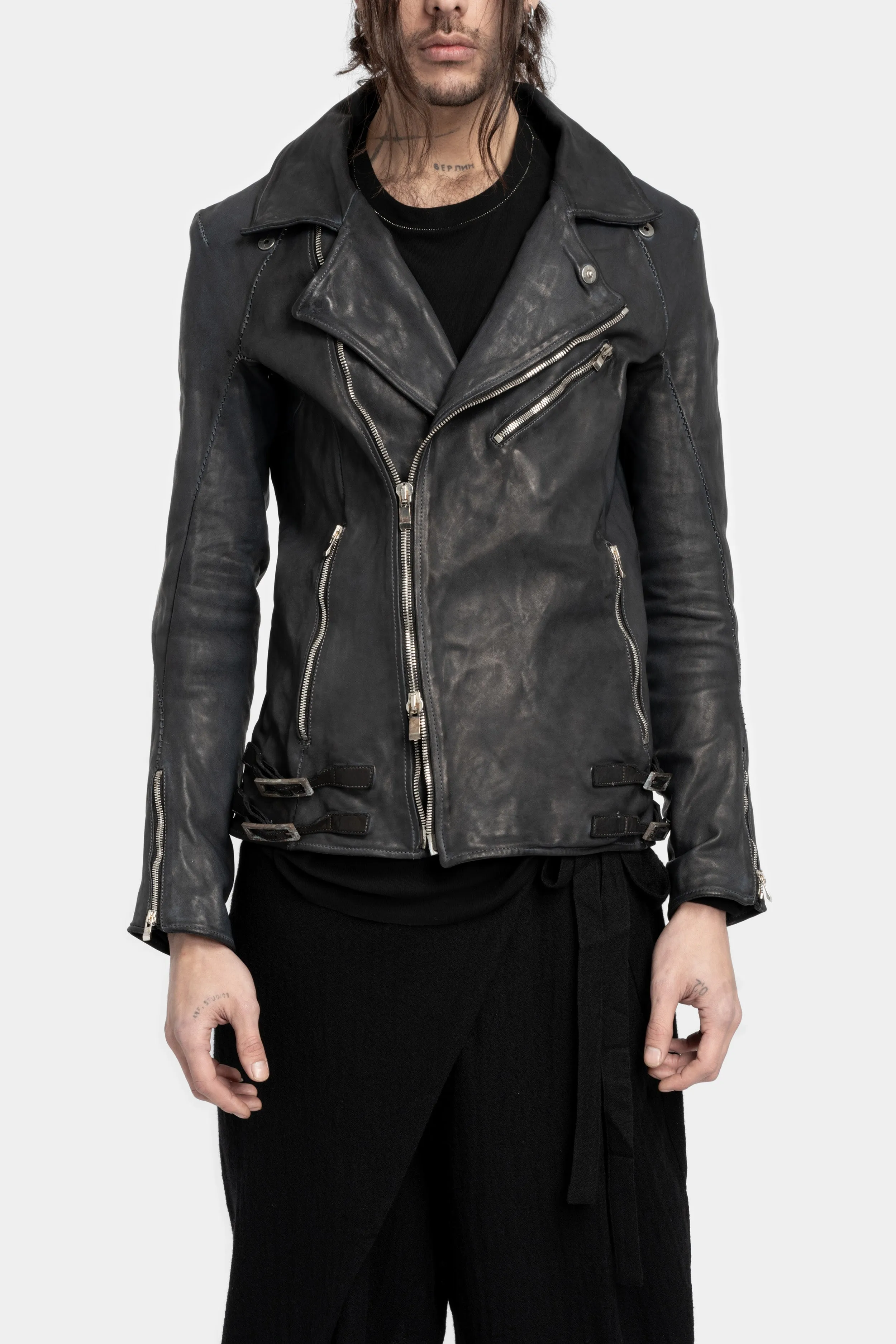 Scar stitch leather biker jacket, Overdyed Black