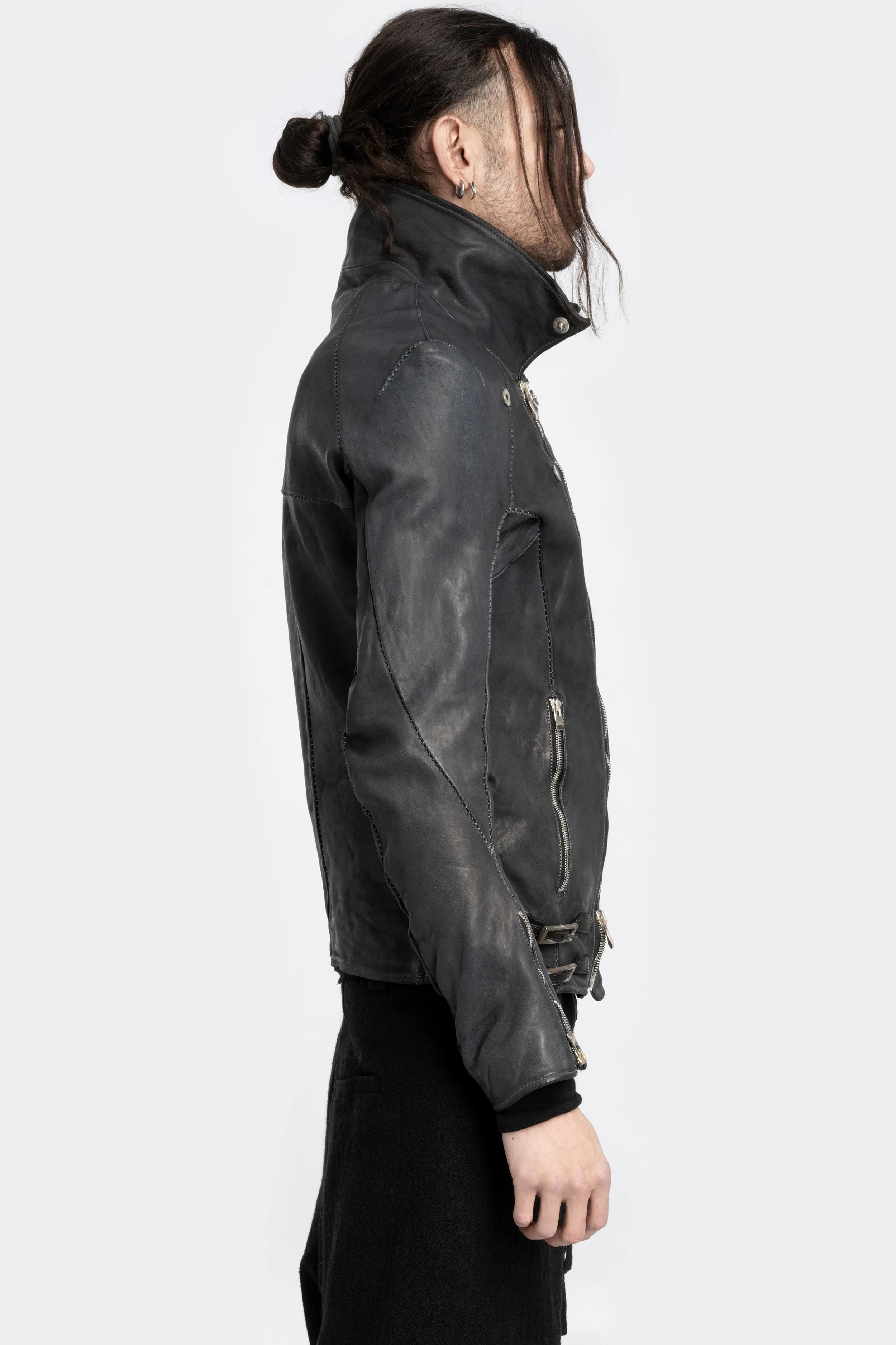 Scar stitch leather biker jacket, Overdyed Black