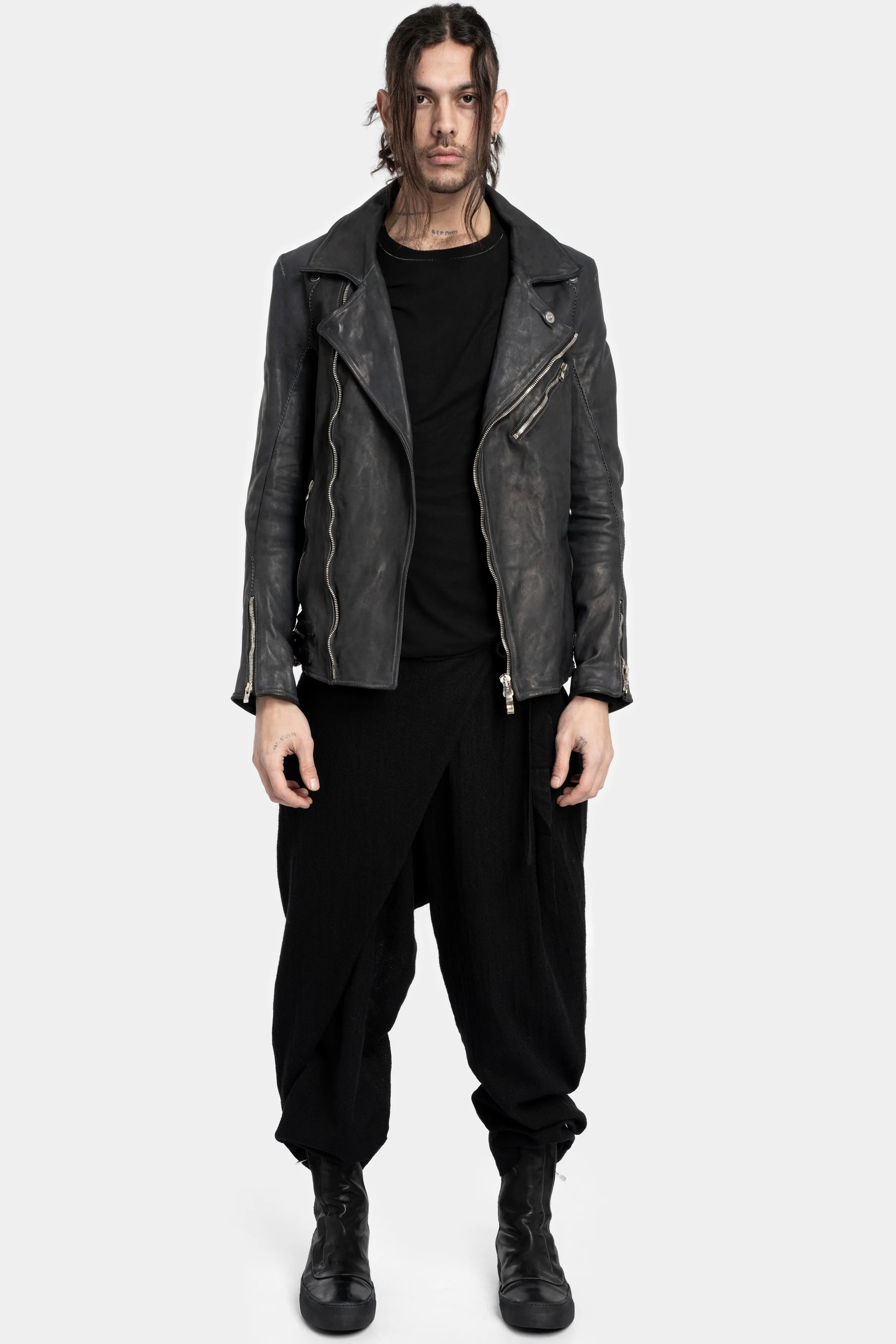 Scar stitch leather biker jacket, Overdyed Black