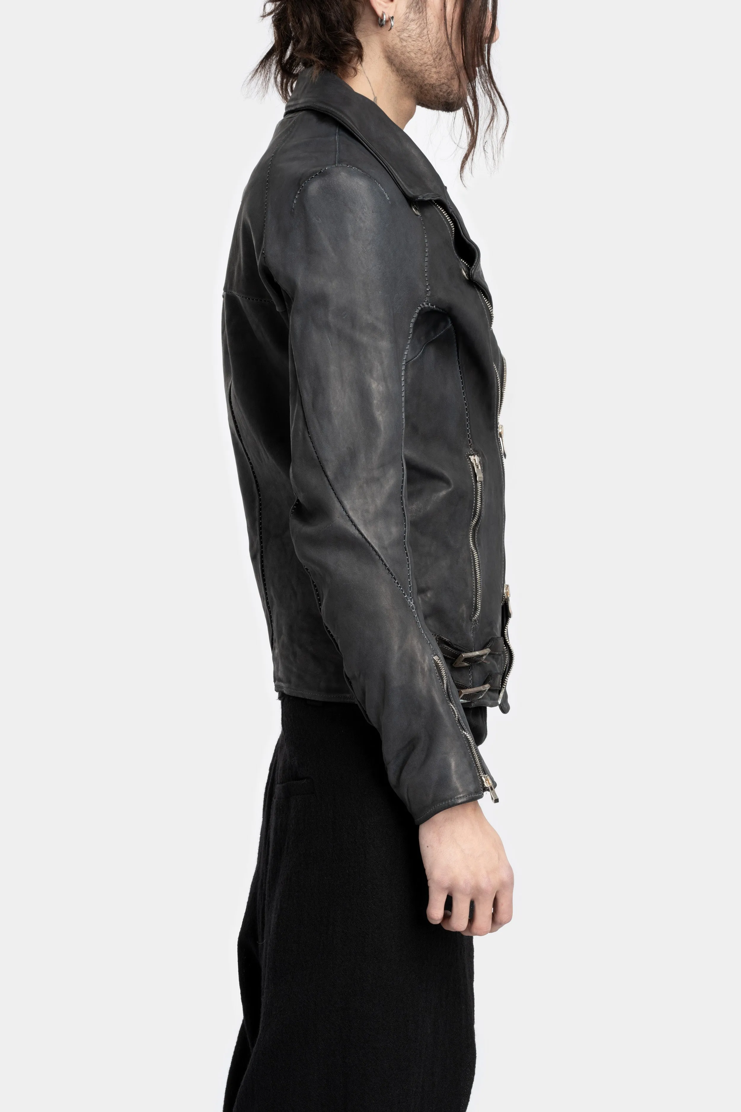 Scar stitch leather biker jacket, Overdyed Black
