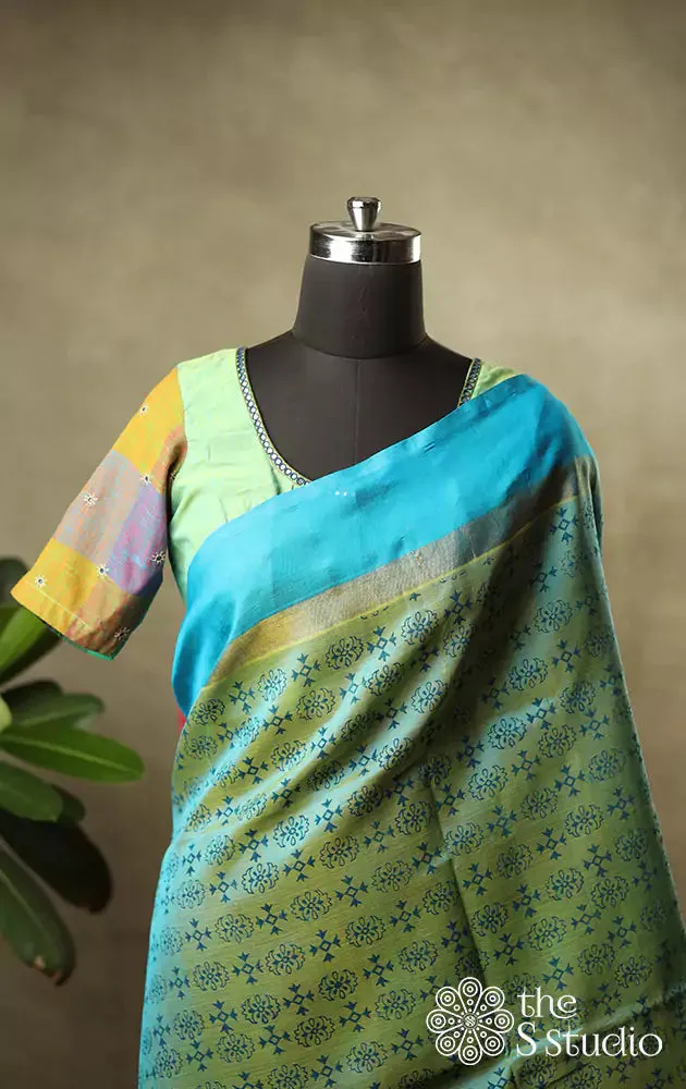Sea green cotton blouse with checked sleeves