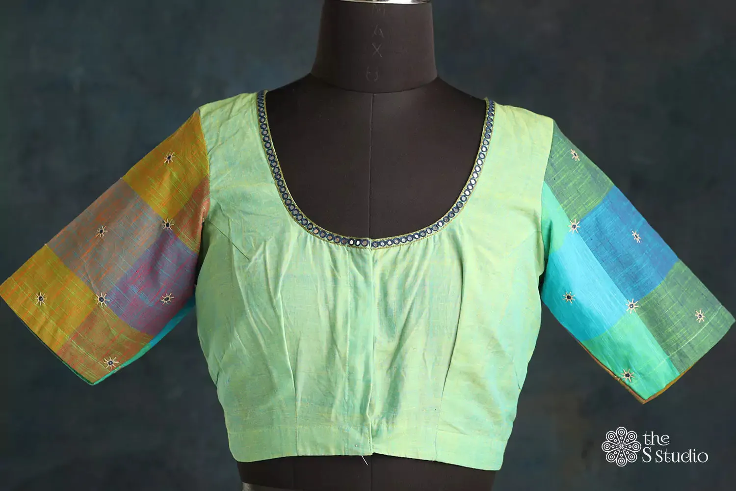 Sea green cotton blouse with checked sleeves