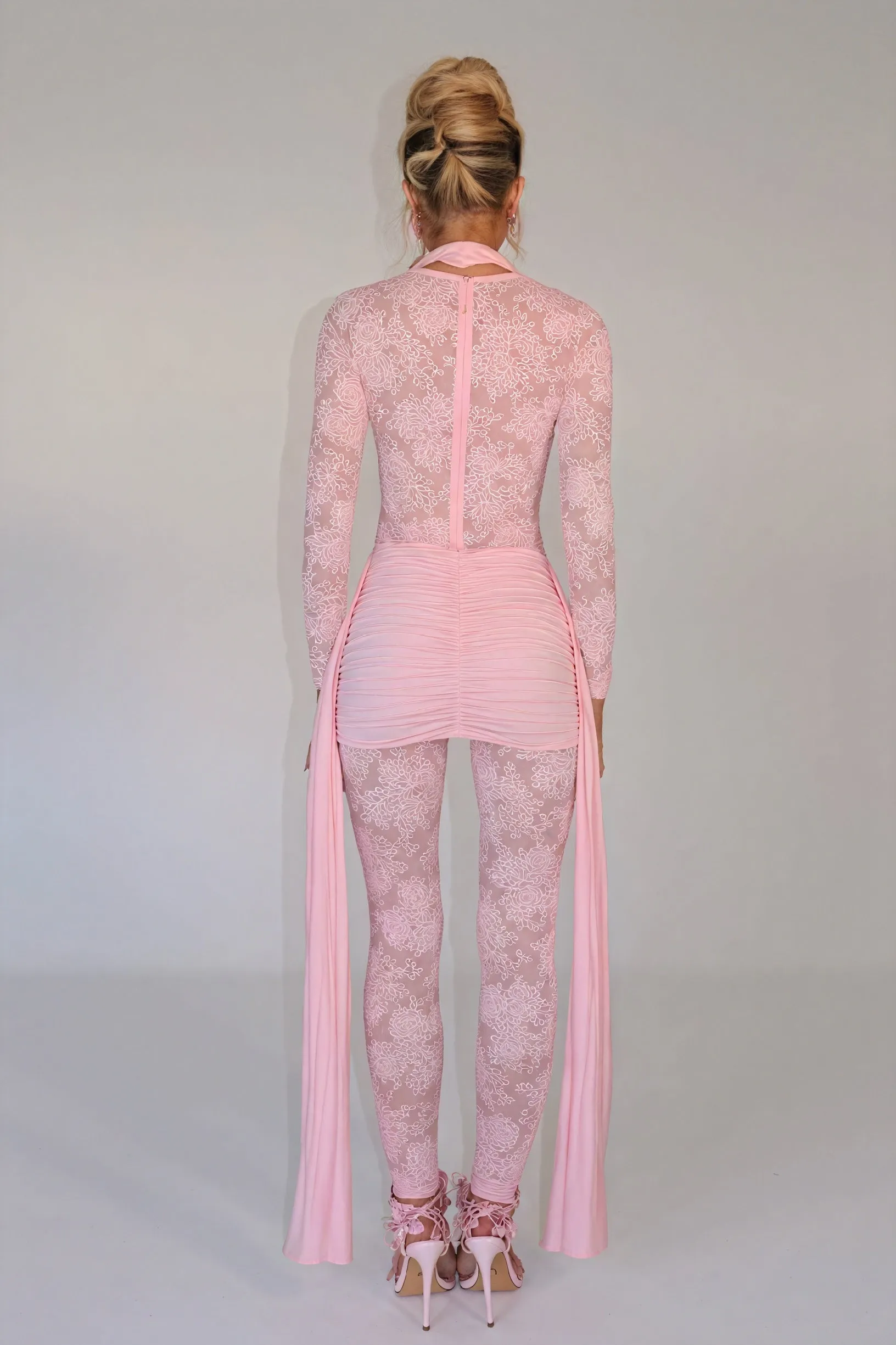Sheer Lace Bodice Dress with Flowing Panels