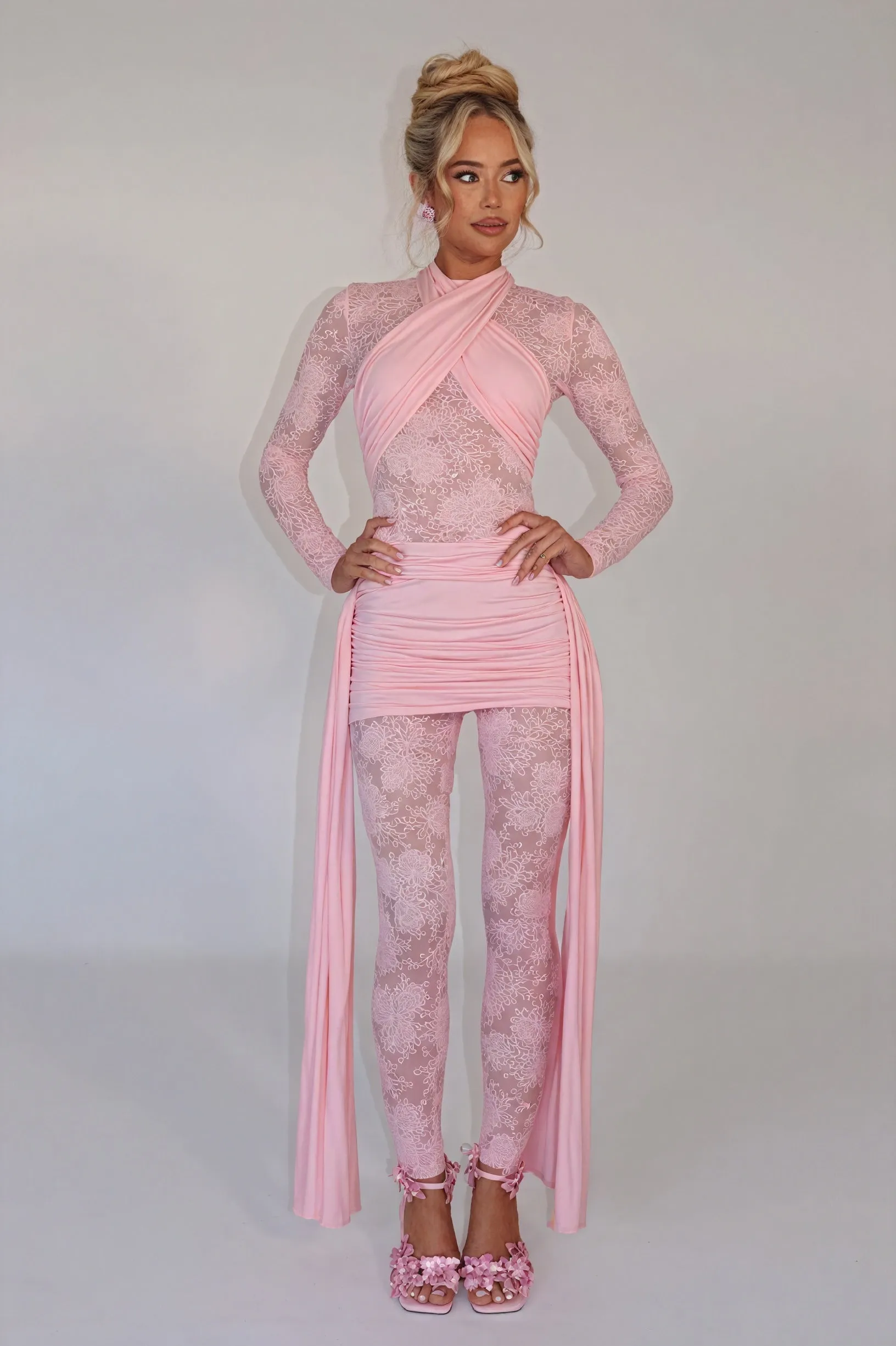 Sheer Lace Bodice Dress with Flowing Panels